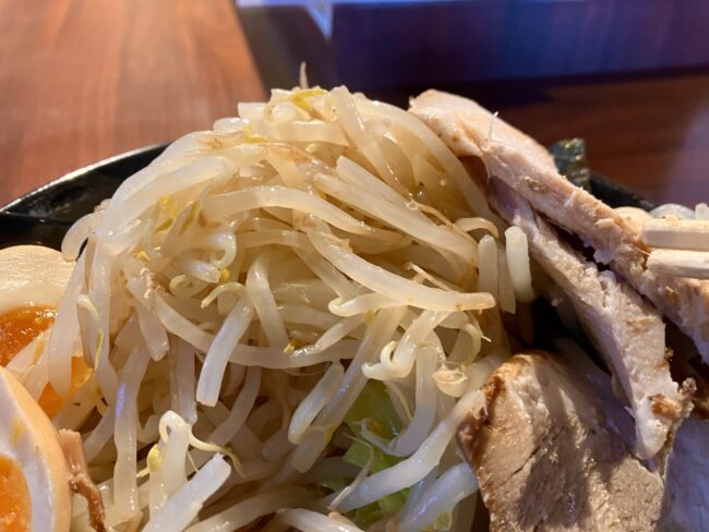 大和高田市「ジャンク屋剣」味玉豚入りつけ麺のもやしアップ写真
