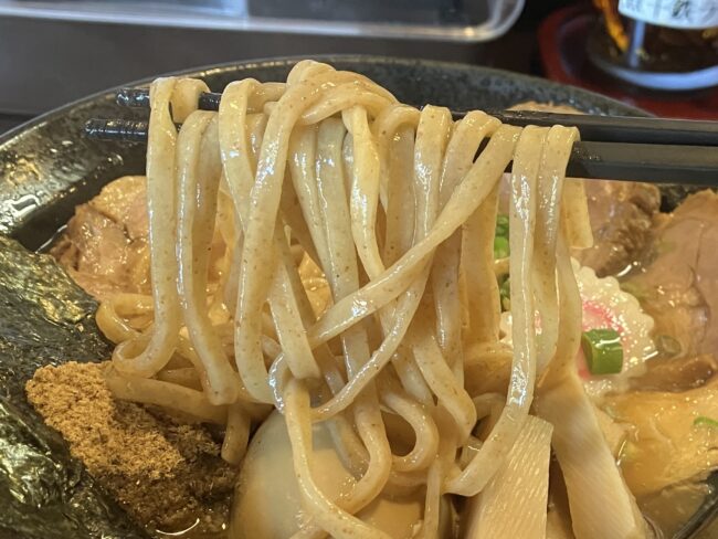奈良市「にぼしこいし」特製にぼこいラーメン全粒粉の麺アップ写真