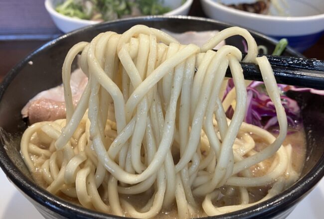 奈良市「一望」蟹豚そば麺アップ写真