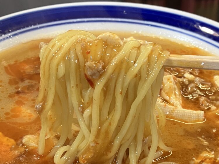 田原本「天龍」マーボーラーメンの麺アップ写真