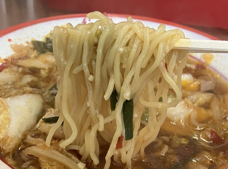 奈良県橿原市の彩華「サイカラーメンモモチャーシュー入り」の麺アップ写真