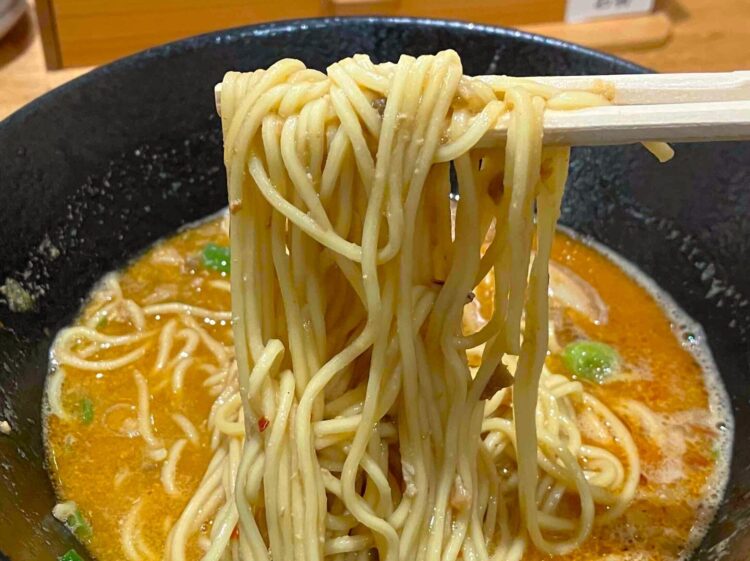 大和高田「くろす」うま辛坦々らーめんの麺アップ写真