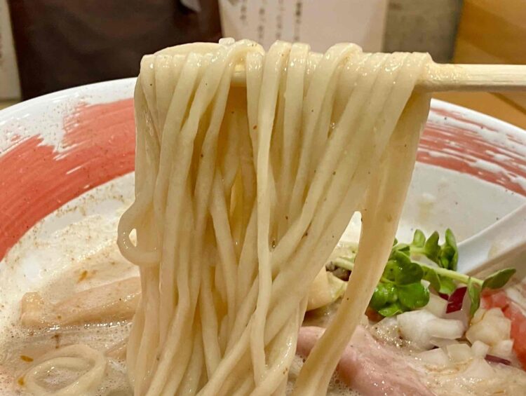 奈良県橿原市・三羽鴉「旨辛白湯」麺アップ写真