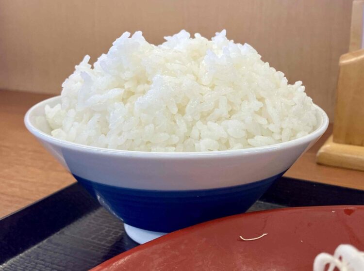 かつやの「ロースカツ定食・ライス大盛」のライス大盛横から写真